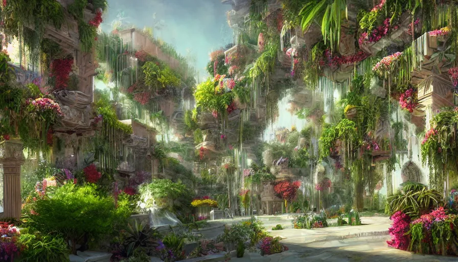 Image similar to hanging gardens of babylon, flowers, palms, artstation