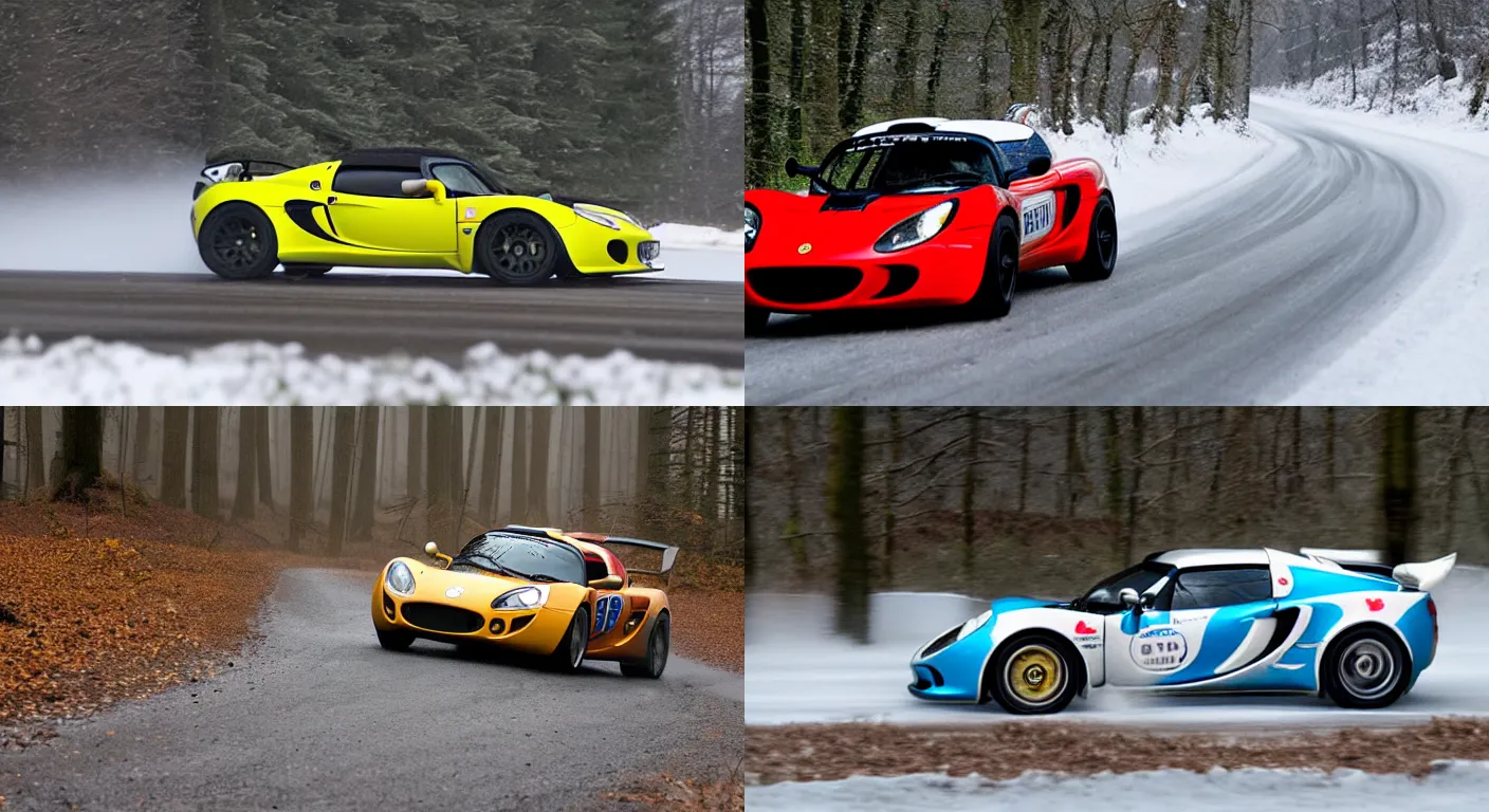 Prompt: a 2 0 0 6 lotus exige cup 2 4 0, racing through a rally stage in a snowy forest