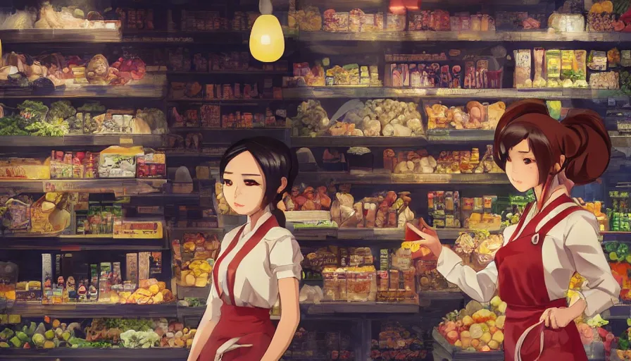 Image similar to photography of a woman grocer with frock, looks like ziyi zhang ， ponytail, grocery store around, winter, anime style character, clean soft lighting, backlit beautiful face, clean brush stroke, 8 k character concept art, by wolp and artgerm ， 3 d