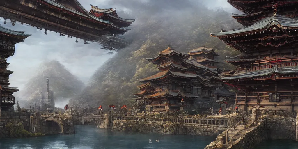 Prompt: giant goddess with swords guarding a japan middle age, giant fortress with cannons guarded by samurais, is built on a strong old wooden bridge, morning, matte painting, concept art, james gurney, greg rutkowski, unreal engine, artstation, john howe