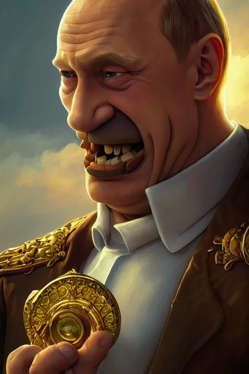 Image similar to vladimir putin as funny and stupid homer simpson, closeup, d & d, fantasy, intricate, elegant, highly detailed, digital painting, artstation, concept art, matte, sharp focus, illustration, hearthstone, art by artgerm and greg rutkowski and alphonse mucha