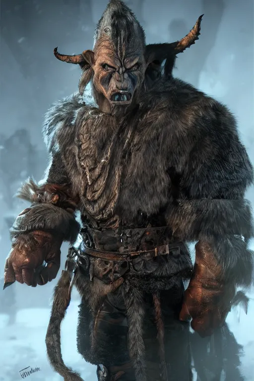 Image similar to A full body shot of a handsome orc looking into the camera wearing a leather fur jacket and boots, full body shot, detailed face, artstation, realistic, highly detailed, symmetrical, hyper realistic, dynamic pose, high detail, octane render, unreal engine, 8k, fantasy art, highly detailed, concept art