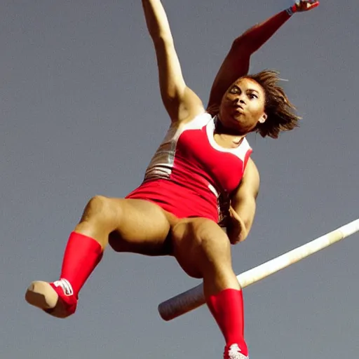 Prompt: lizzo pole vaulting, sports photography, photorealistic, highly detailed,