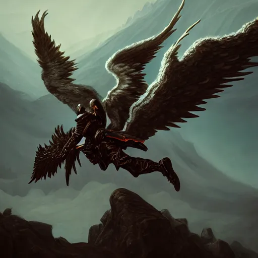 Image similar to painting of a fallen angel paladin with big burnt wings reaching the summit of a haunted mountain, sharp focus, award - winning, trending on artstation, masterpiece, highly detailed, intricate. art by johannes voss