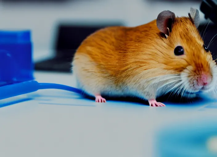 Image similar to film still of a hamster working in a research lab using a tiny microscope, 8 k