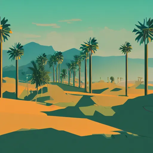 Prompt: a beautiful illustration of palm springs by James gilleard, wind turbines, palm trees, mountains, artstation HD, geometric lines, HD, 4k, 8k