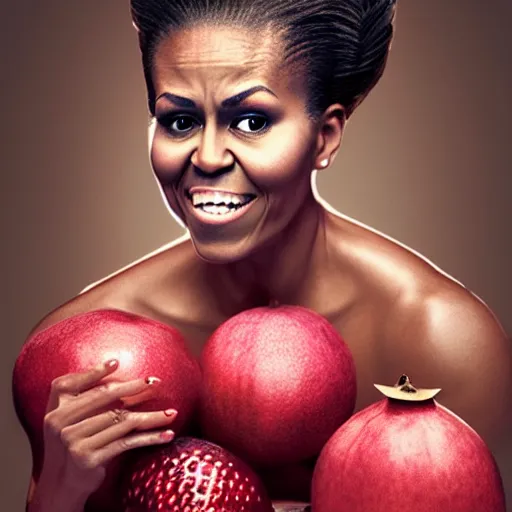 Image similar to fruit character that looks just like michelle obama as a pomegranate, 8 k, fruit eyes, fruit world, beautiful matte painting, by johfra bosschart, hyper realistic, studio lighting, octane render