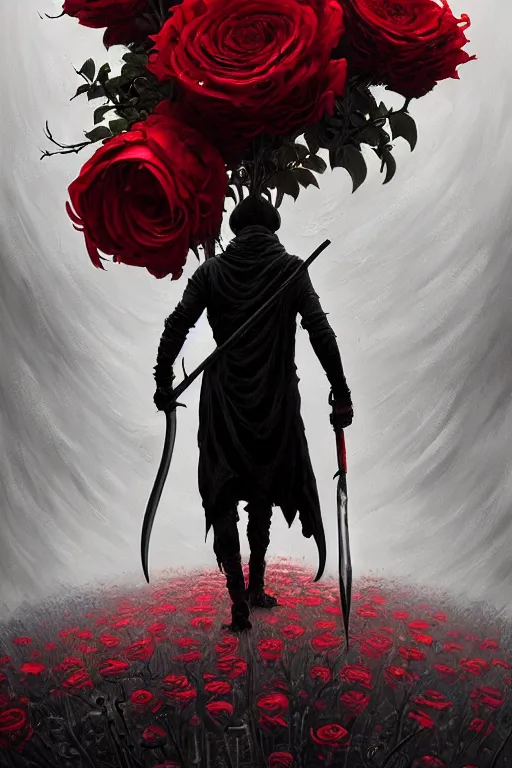 Image similar to poster style, a beautiful and terrifying painting with high details of a panoramic view of a reaper holding a long sickle, with red fluid white roses in the foreground, movie atmosphere, movie lights, 8 k, light effect, rtx on, trending on artstation, by kilian eng, lee madgwick, bastien lecouffe - deharme