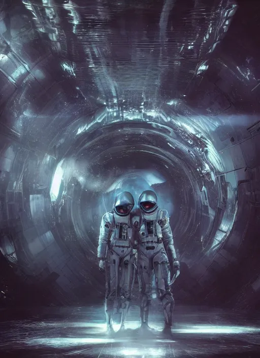 Prompt: concept art by craig mullins infrared complex and hyperdetailed technical astronauts hugging in futuristic dark and empty spaceship underwater. reflection and dispersion materials. rays and dispersion of light. volumetric light. 5 0 mm, f / 3 2. noise film photo. flash photography. unreal engine 4, octane render. interstellar movie art