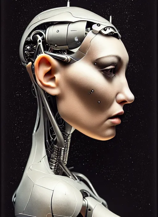 Image similar to a young beautiful female cyborg profile face, by h. r. giger, by ismail inceoglu, by kiki smith, glamor shot, vintage, closeup, f / 2. 8, low contrast, 1 6 k, rim lighting, cinematic lighting, insanely detailed and intricate, hypermaximalist, elegant, ornate, hyper realistic, super detailed