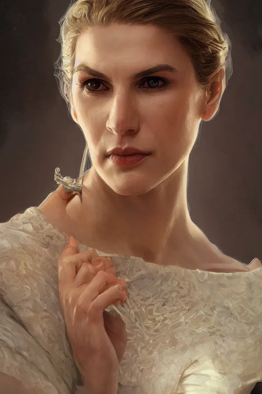 Image similar to portrait of Kim Wexler, upper body, intricate, elegant, highly detailed, digital painting, artstation, concept art, smooth, sharp focus, illustration, art by artgerm and greg rutkowski and alphonse mucha