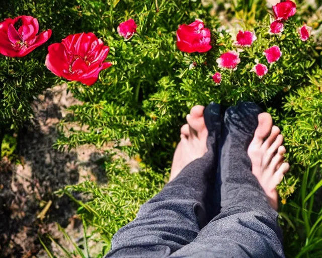 Image similar to mr robert is drinking fresh tea, smoke weed and meditate using his feet in a garden from spiral mug, he has dark grey hairs, detailed glad face, chest legs, visible belly, happy toes, golden hour closeup photo, red elegant shirt, eyes wide open, ymmm and that smell