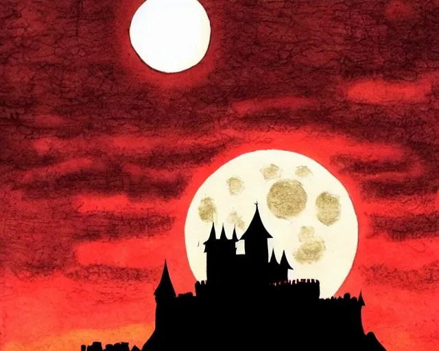 Prompt: dracula's castle rising up from the mist at night silhouetted by a single huge bloodmoon by marvel comics, stunning, comic, pen and ink, slash page, highly detailed