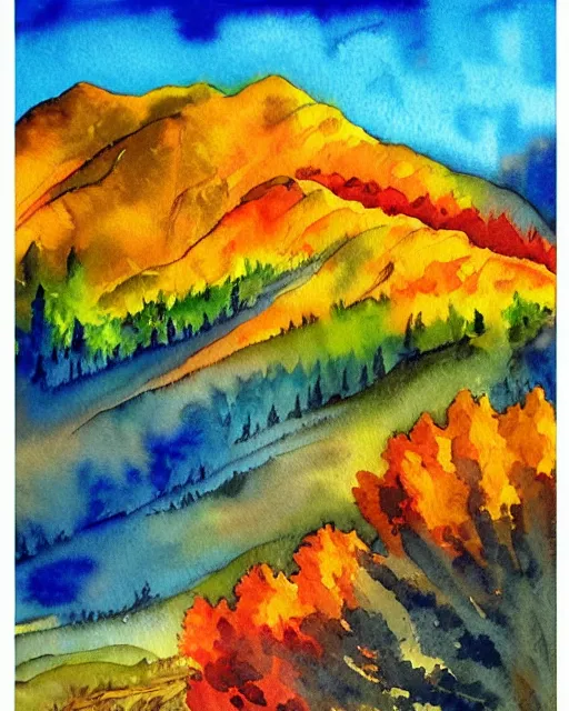 water color painting of layered blue mountains with a