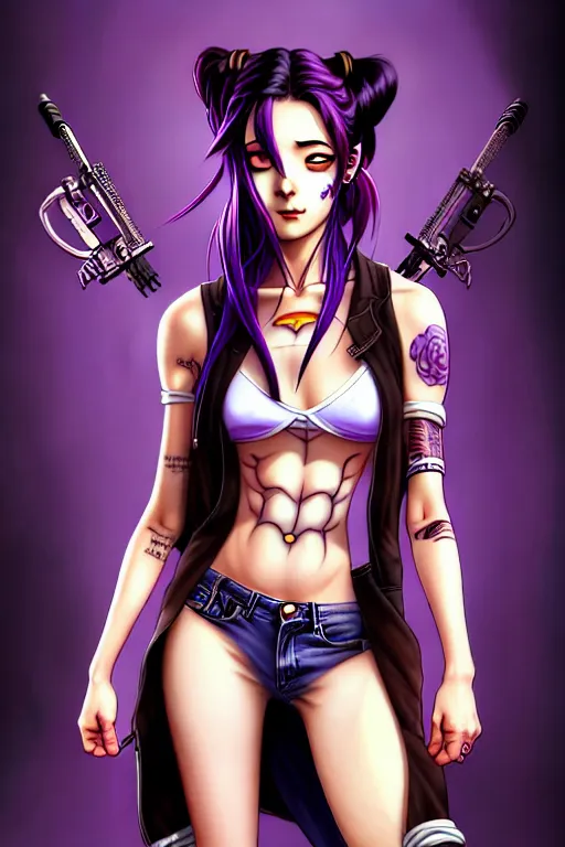 Image similar to a portrait of dilraba dilmurat as revy from black lagoon, smirk, black tank top, jean shorts, brown eyes, purple hair, tribal tattoo slevve right arm, symmetrical eyes, symmetrical face, art by lois van baarle and loish and ross tran and rossdraws and sam yang and samdoesarts and artgerm