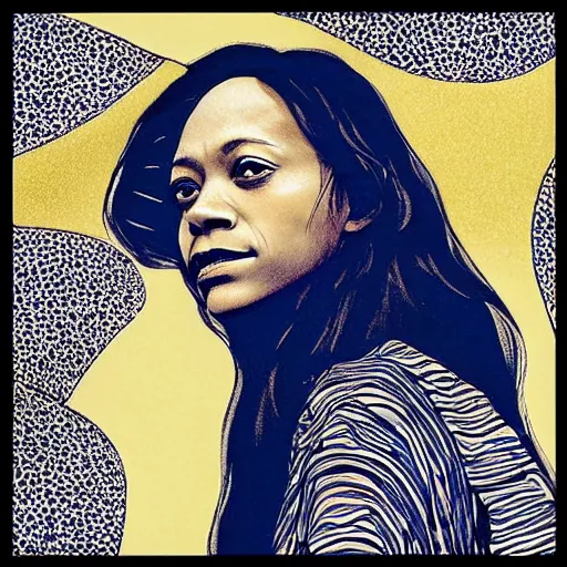 Prompt: “ zoe saldana portrait by ikenaga yasunari and ayana otake and ko rakusui, 6 0 s poster, drawing, realistic, sharp focus, japanese, dreamy, nostalgia, faded, golden hues, floral clothes ”