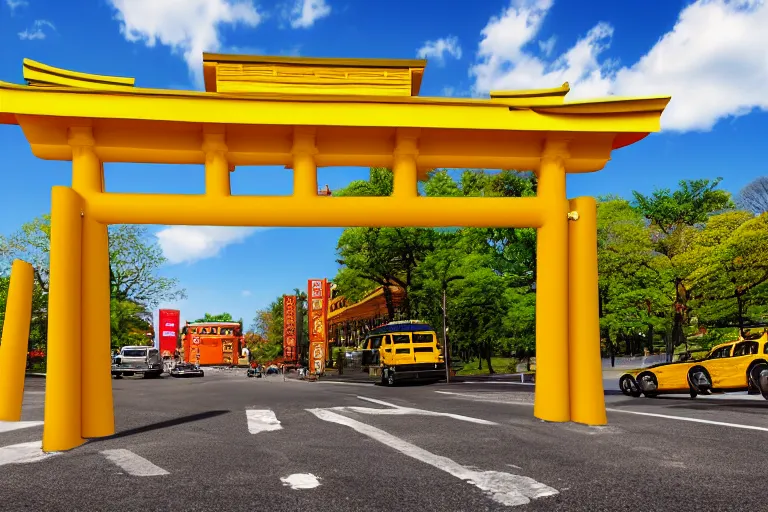 Image similar to Yellow school bus, driving towards a red japanese Torii gate, New York location in USA, ray tracing, high detail, 4K