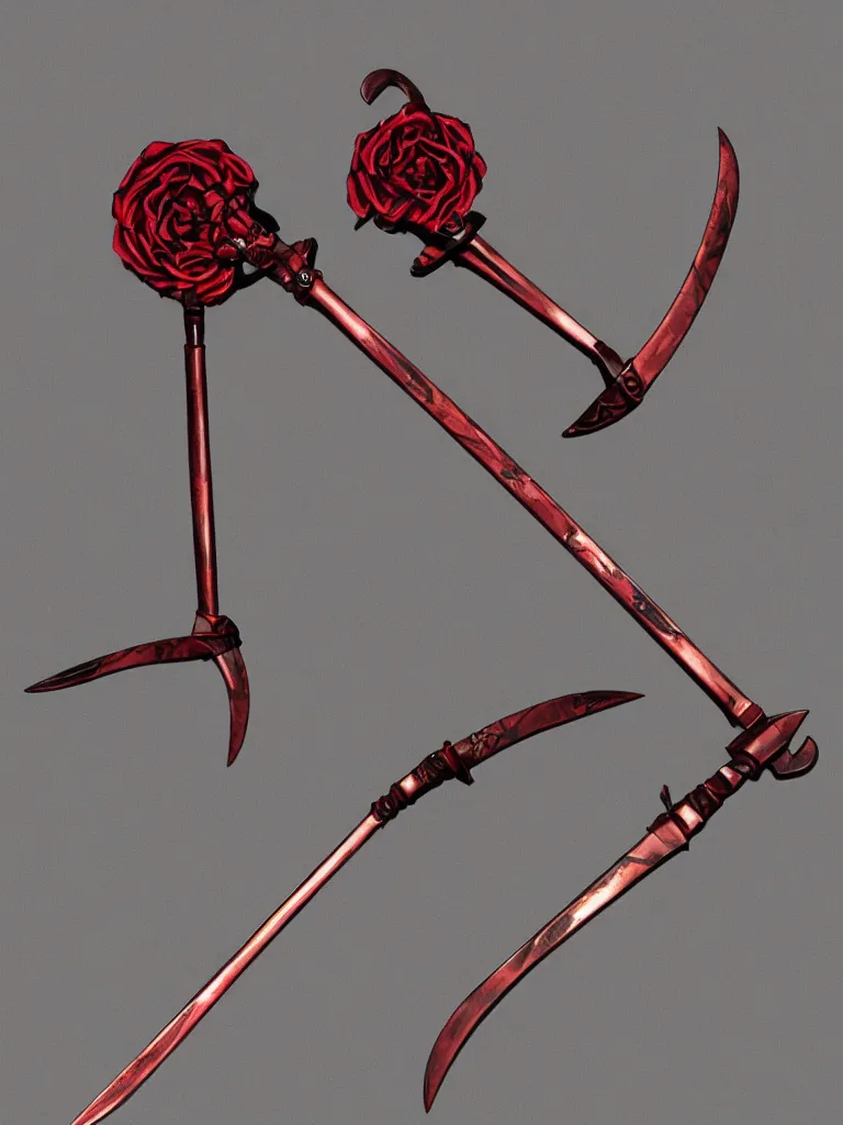 Prompt: Two-headed blade rose colored scythe, the 2 blades faced each other oppositely with each blade attached to the top and the bottom