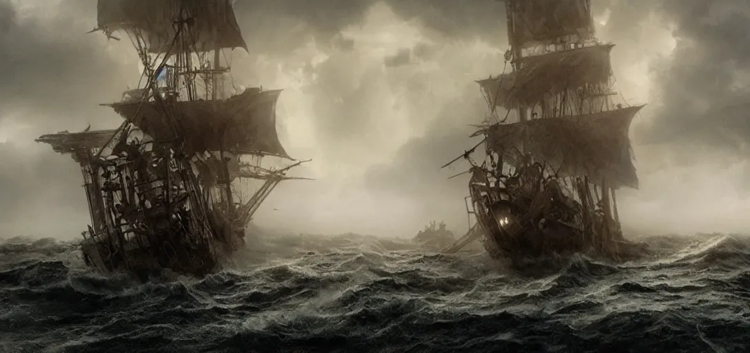 Image similar to wild ocean storm, old wooden pirate ship gets pulled down by giant kraken, appearing from fog, mist, dramatic lighting, cinematic, establishing shot, extremly high detail, foto realistic, pirates of the carribean, cinematic lighting, post processed, concept art, artstation, matte painting, style by eddie mendoza, raphael lacoste, alex ross