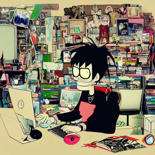 Image similar to goth nerd sitting at a computer in a cluttered room, by jamie hewlett, jamie hewlett art, gorillaz art aesthetic,