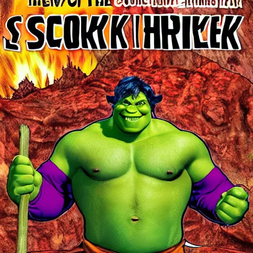Prompt: shrek presents the incredible hulk a book about how to cook meat, comic book art