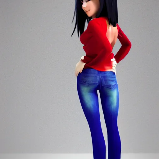 Image similar to 3 d octane render character design of a latina cute girl using tight white and red raglan sleeves with tight blue jeans and cool shoes, having silky long black hair with bangs