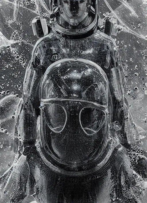 Image similar to astronauts in dark minimalists underwater - hyperdetailed suit. reflection and dispersion plastic materials. water bubbles. rays and dispersion of light. volumetric light. 5 0 mm, f / 3 2. noise film photo. flash photography. ultra realistic, wide angle. poster by wayne barlowe, hajime sorayama aaron horkey, craig mullins. dark key.