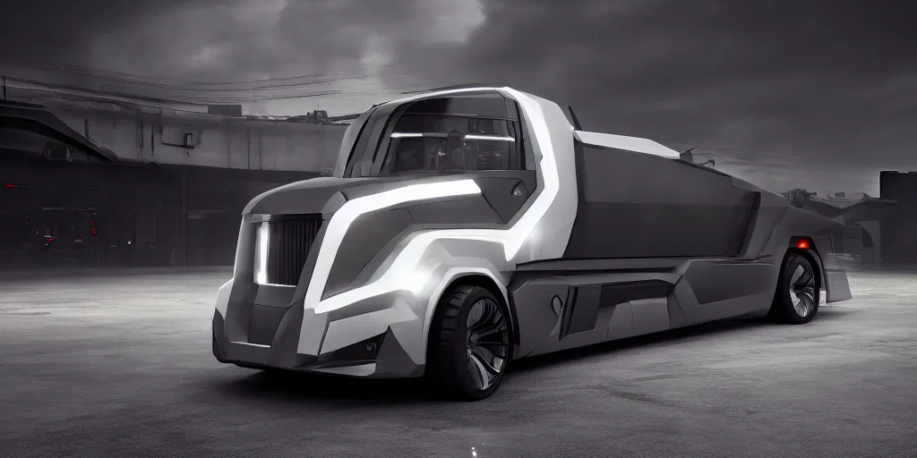Prompt: a design of a futuristic cybertruck, designed by Polestar, blade runner background, stained antique copper car paint, white wheel rims, black windows, sportscar, dark show room, dramatic lighting, hyper realistic render, depth of field