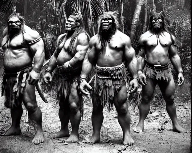 Image similar to hyper realistic group vintage photograph of a live action warcraft orc warrior tribe in the jungle, tall, hulk like physique, detailed faces, tribal paint, tribal armor, grain, old, monochrome, sepia toned, realistic lighting, wide angle