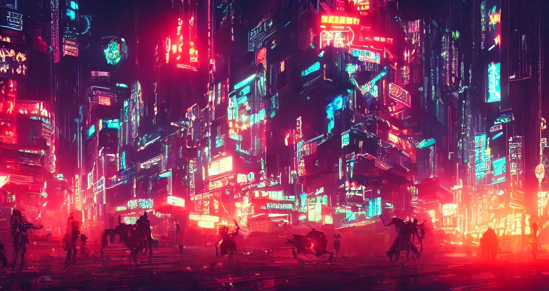 Image similar to cyberpunk city, neon signs, robot samurai fighting cyborg cowboys, dark, apocalyptic, intricate, detailed, volumetric lighting, scenery, digital painting, highly detailed, artstation, sharp focus, illustration, concept art