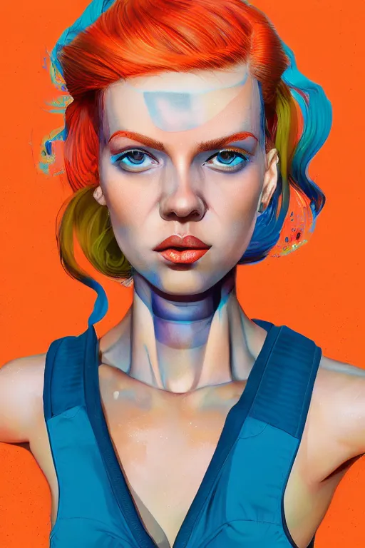 Image similar to a award winning half body portrait of a beautiful caucasian woman in a croptop and cargo pants with ombre orange blue teal hairstyle with head in motion and hair flying by martine johanna and will eisner, outrun, vaporware, digital art, trending on artstation, highly detailed, fine detail, intricate