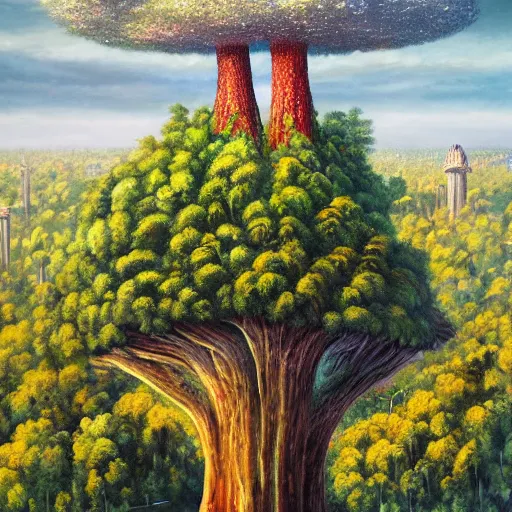 Image similar to Aerial view of A beautiful, gigantic, 1000-foot-tall leafy tree as big as a mushroom cloud, growing out of the center of a regular-sized modern city. The city is built upon the giant tree's roots and the base of its trunk. Fantasy art, oil painting.