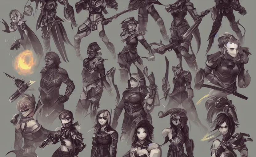 Prompt: character roster concept drawing for a tactical rpg, artwork by ross tran