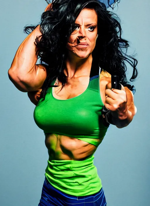 Prompt: a photograph of she hulk in sports wear, crossfit style, by terry richardson, 7 5 mm lens, sharp focus.