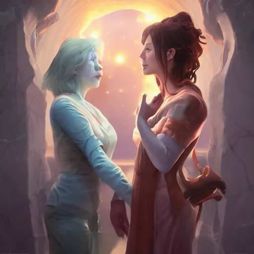 Image similar to a female scientist and a sorceress meet at a rift between dimensions, made by stanley artgerm lau, wlop, rossdraws, artstation, cgsociety, concept art, cgsociety, octane render, trending on artstation, artstationhd, artstationhq, unreal engine, 4 k, 8 k,