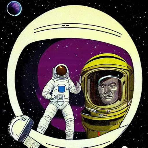 Prompt: retro sci fi art of an astronaut next to jupiter in a car,