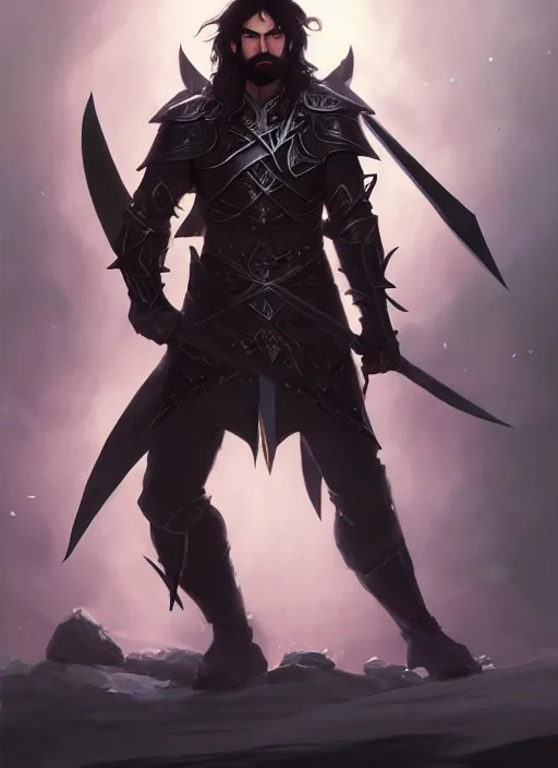 Prompt: Half-body portrait of an elven warrior with black hair and black facial hair in black armour holding a purple sword. In style of Hyung-tae Kim and Greg Rutkowski, concept art, trending on ArtStation, Korean MMORPG, over-detailed art, 4K, epic, dynamic lightning, dramatic pose.