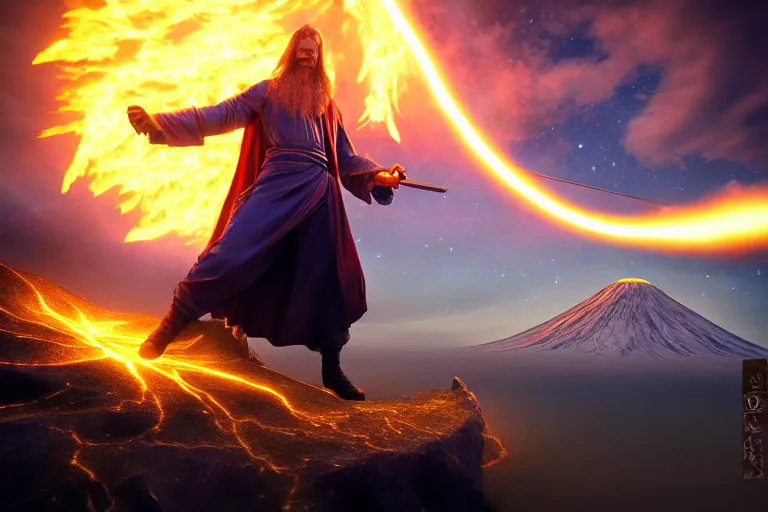 Image similar to levitating wizard wielding a sword, opening a shining portal, night sky, horizon of an erupting volcano, 4 k, ultra realistic, detailed, epic lighting, high detail, masterpiece, trending on artstation