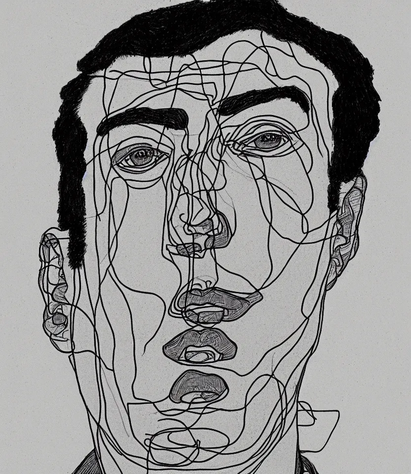 Prompt: detailed line art portrait of pablo neruda, inspired by egon schiele. caricatural, minimalist, bold contour lines, musicality, soft twirls curls and curves, confident personality, raw emotion
