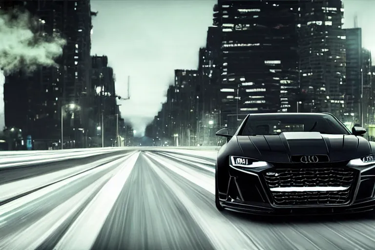 Image similar to widebody all black audi camaro b 9 ( 2 0 2 0 ), need for speed : carbon, at night, sci - fi, neon lines, phonk music background, smoke behind wheels, noise, dark, establishing shot, by simon stalenhag