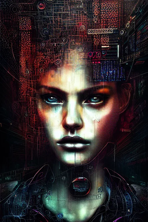 Image similar to dreamy cyberpunk girl, abstract black leather, digital nodes, beautiful woman, detailed acrylic, grunge, intricate complexity, by dan mumford and by lee jeffries, peter lindbergh