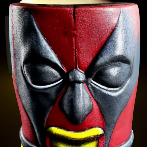 Image similar to a closeup photorealistic photograph of a deadpool style tiki mug sitting at a trader vic's beach bar featuring the face of deadpool. tiki party. bright scene. fine detail. this 4 k hd image is trending on artstation, featured on behance, well - rendered, extra crisp, features intricate detail, epic composition and the style of unreal engine.