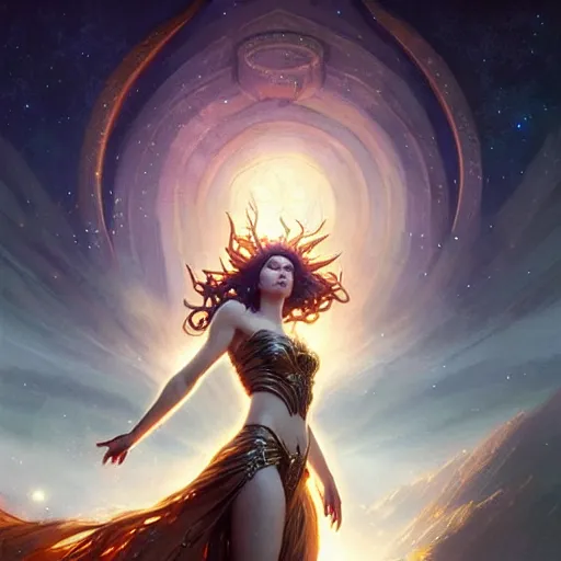 Image similar to star goddess, fine art, awesome fantasy book cover on pinterest, award winning, dark fantasy landscape, fantasy magic, intricate, elegant, sharp focus, cinematic lighting, highly detailed, digital painting, concept art, art by wlop and artgerm and greg rutkowski, masterpiece, trending on artstation, 8 k