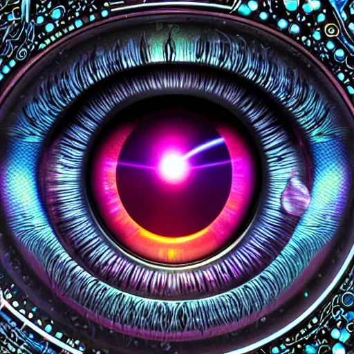 Image similar to Cybernetic Eye with intricate reflections, colorful, fantasy, vivid colors, concept art, sharp focus, digital art, Hyper-realistic, 4K, Unreal Engine, Highly Detailed, HD, Dramatic Lighting by Brom, trending on Artstation