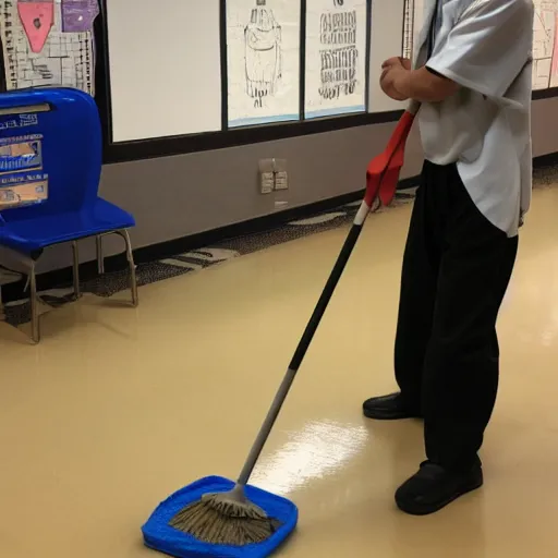 Prompt: genghis khan as a janitor in an elementary school, mopping the floor