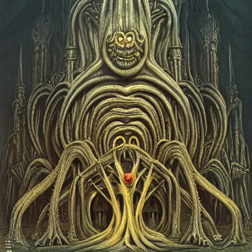 Prompt: monstrous and twisted cathedral with an altar that has a statue to many eyed veiny and four armed cthulhu, tentacles twisting in lotus position. in the style of hr giger and zdzisław beksinski gloom misty glow oil painting biomechanical