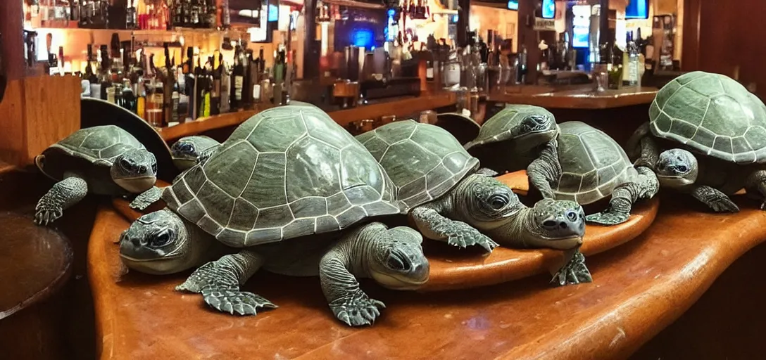 Image similar to a gang of turtles drinking at the bar