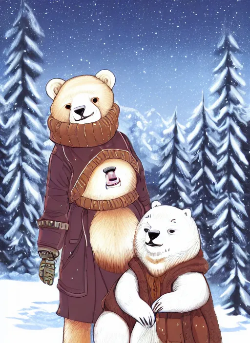 Image similar to character portrait of a female anthro polar bear fursona and a cute beautiful attractive detailed furry face wearing stylish cute winter clothes in a cozy winter cabin at dusk by firelight. hidari, color page, tankoban, 4K, tone mapping, Akihiko Yoshida.