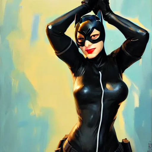 Image similar to Greg Manchess portrait painting of Catwoman as Overwatch character, medium shot, asymmetrical, profile picture, Organic Painting, sunny day, Matte Painting, bold shapes, hard edges, street art, trending on artstation, by Huang Guangjian and Gil Elvgren and Sachin Teng