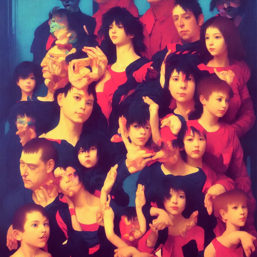 Image similar to bright and vivid portrait of happy family photo, vivid colors, neon, art by ( ( ( kuvshinov ilya ) ) ) and wayne barlowe and francis bacon and artgerm and wlop and william - adolphe bouguereau